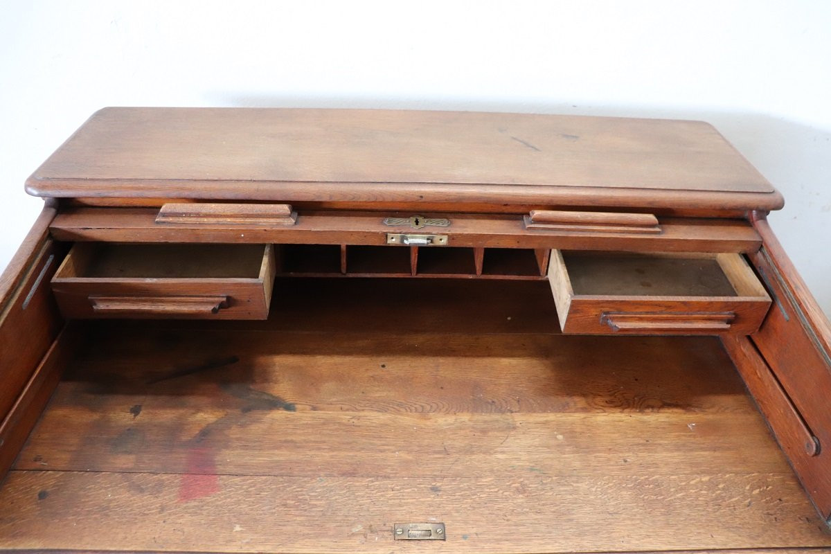 Scrivania con piano a rullo in legno di rovere, Italia, inizio XX secolo-photo-1