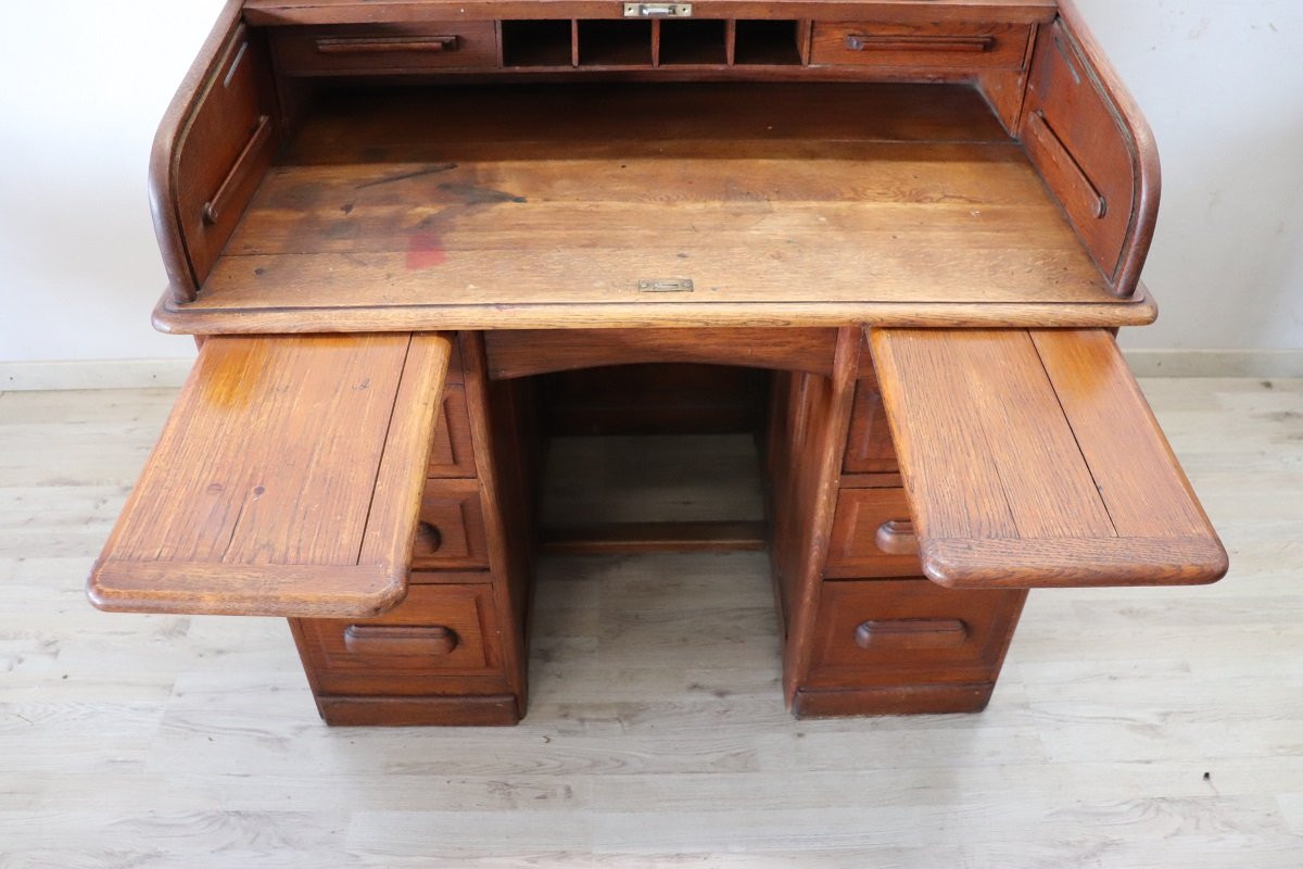 Scrivania con piano a rullo in legno di rovere, Italia, inizio XX secolo-photo-2