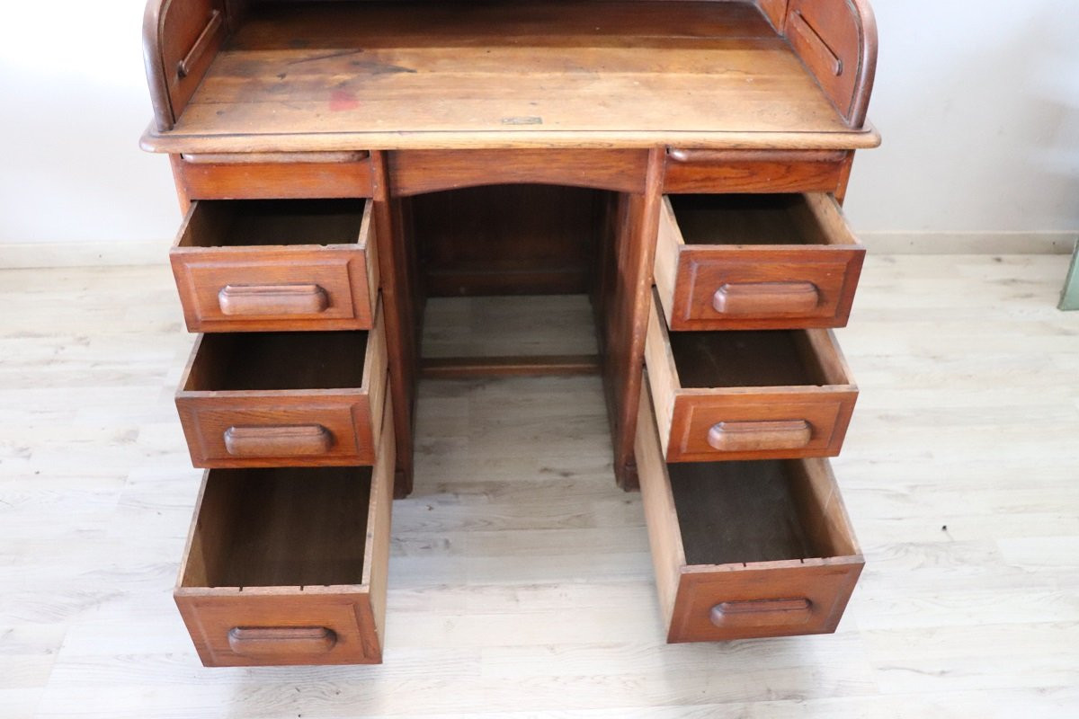 Scrivania con piano a rullo in legno di rovere, Italia, inizio XX secolo-photo-3