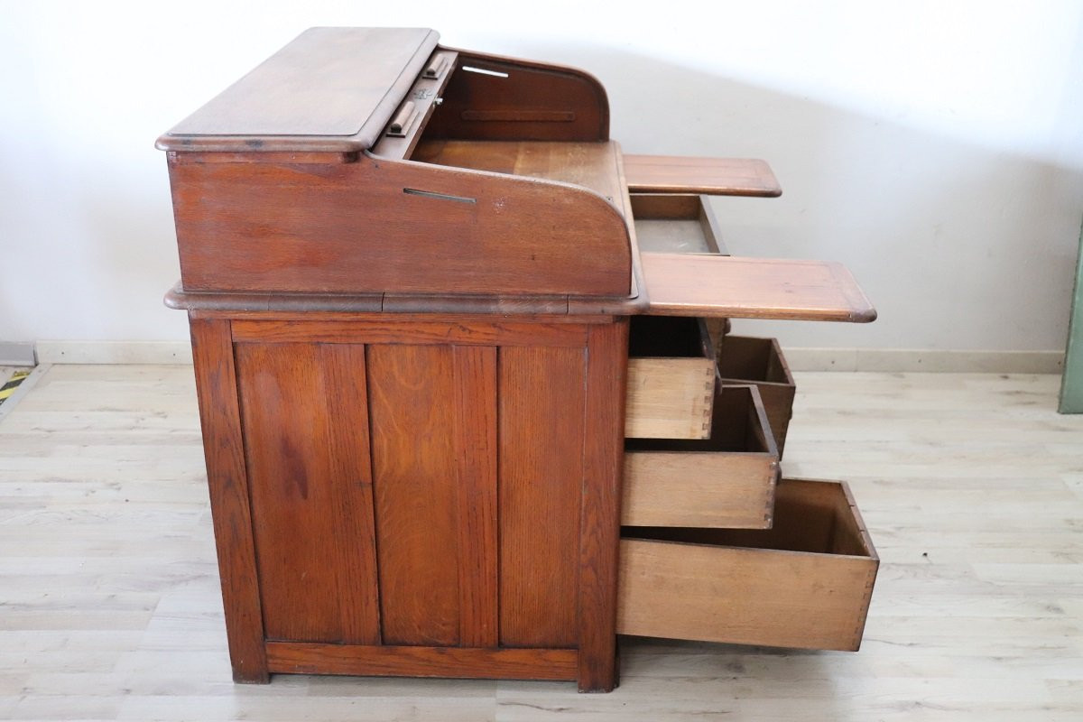 Scrivania con piano a rullo in legno di rovere, Italia, inizio XX secolo-photo-4