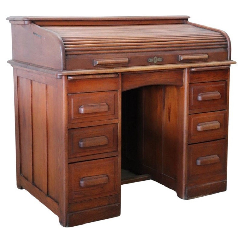 Scrivania con piano a rullo in legno di rovere, Italia, inizio XX secolo