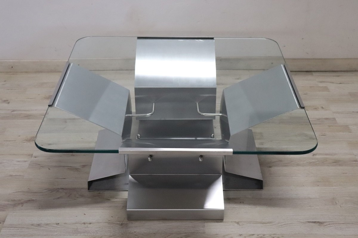 Tavolino quadrato in acciaio e vetro, Italia anni '70-photo-2