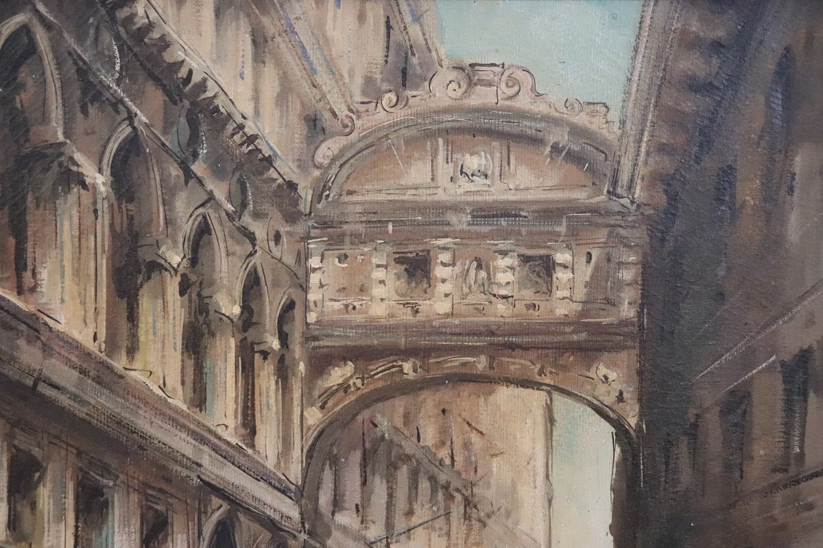 Venezia, Ponte dei Sospiri, Dipinto ad olio su tela, Italia XX secolo, Firmato C. Rizzi-photo-3