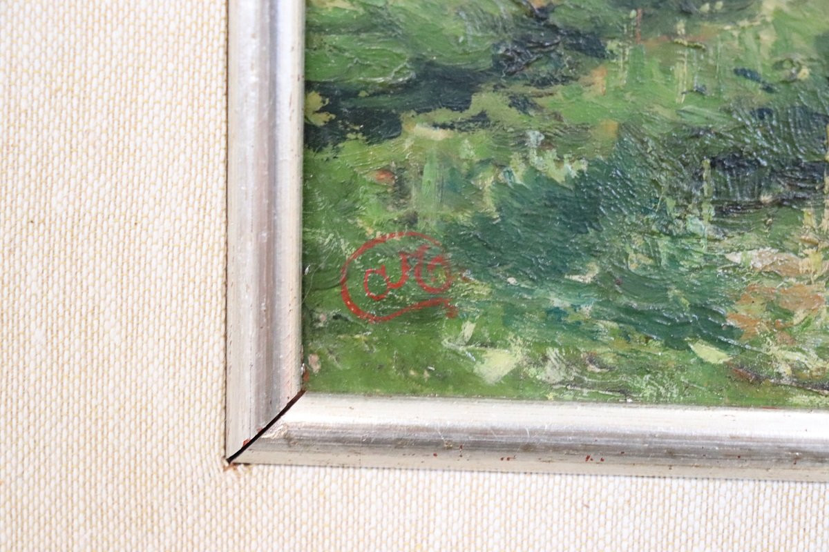 Set di 2 paesaggi di campagna, olio su tavola, Italia inizio XX secolo-photo-7