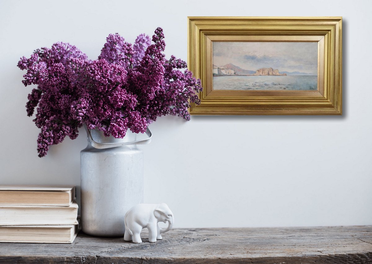 Veduta del Golfo di Napoli, dipinto a olio su tavola, Italia, inizio XX secolo, firmato-photo-4