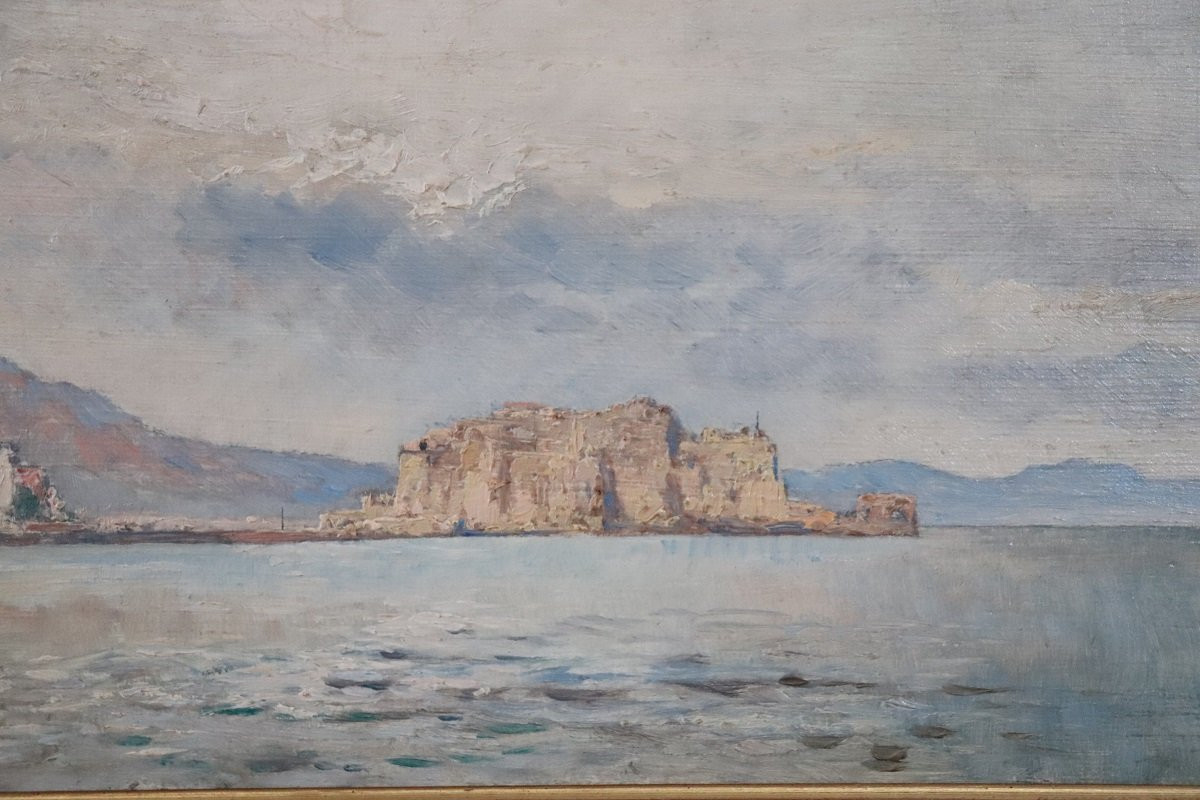 Veduta del Golfo di Napoli, dipinto a olio su tavola, Italia, inizio XX secolo, firmato-photo-1