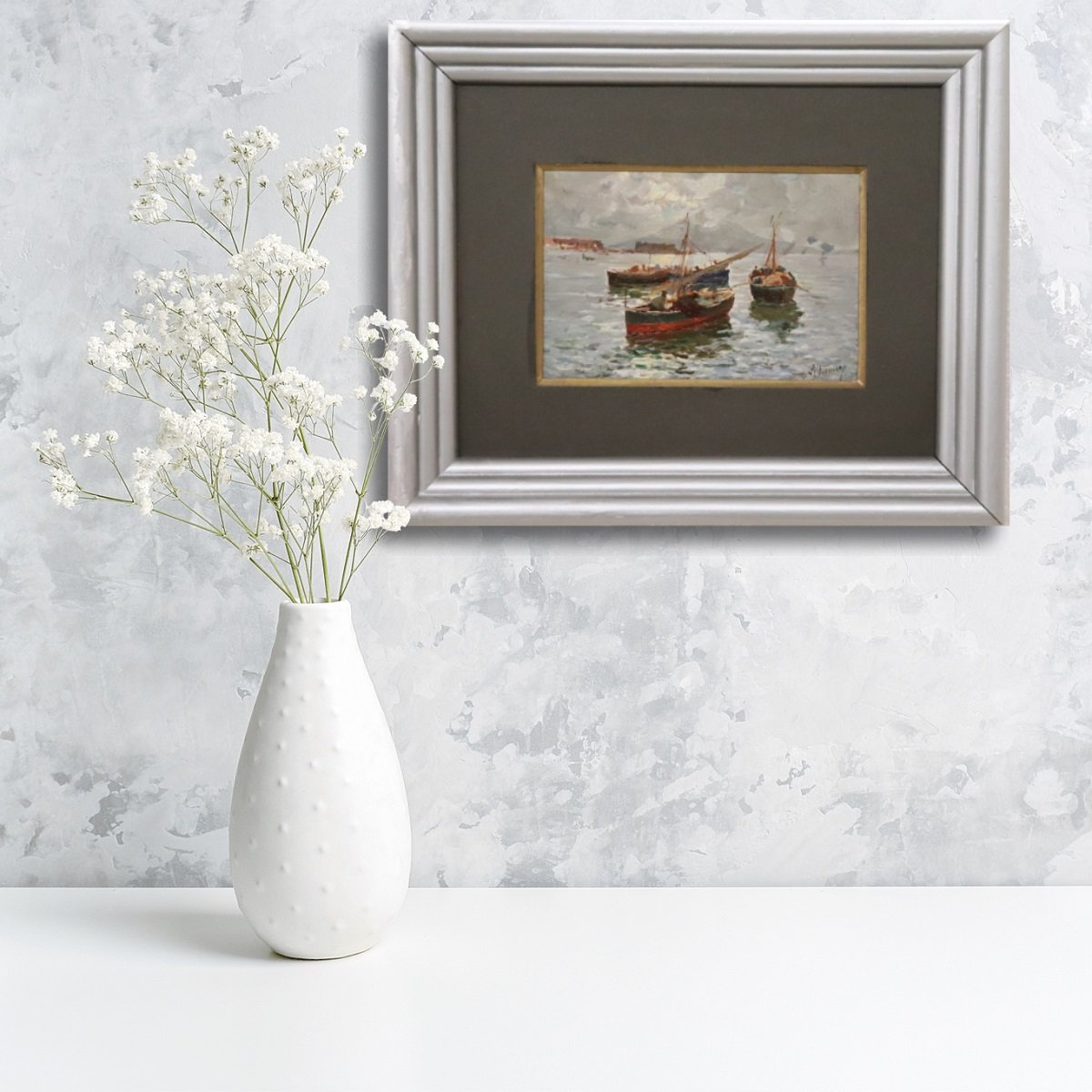 Golfo di Napoli con pescatori firmato R. Leone, dipinto a olio su tavola, Italia, inizio XX sec-photo-4