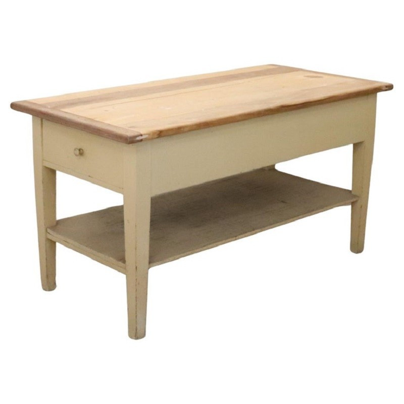 Tavolo da lavoro in legno di pioppo laccato color crema, Italia, fine XIX secolo