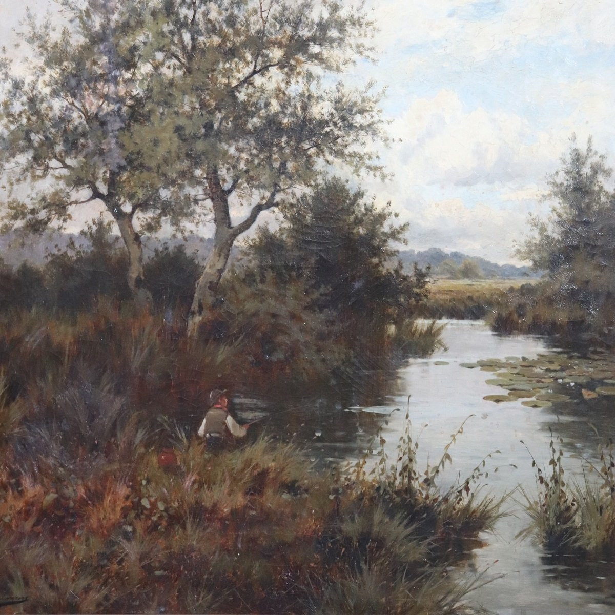 Dipinto ad olio su tela, Paesaggio fluviale, firmato J Paulman, fine XIX secolo-photo-1