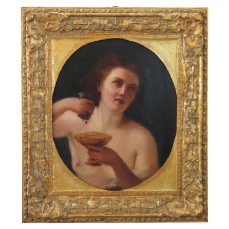 Figura mitologica di Menade, dipinto ad olio su tela, Italia, XIX secolo.