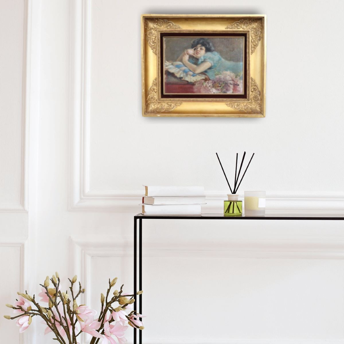 Ragazza sdraiata, dipinto olio su tavola firmato A. villa, Italia fine XIX secolo-photo-2