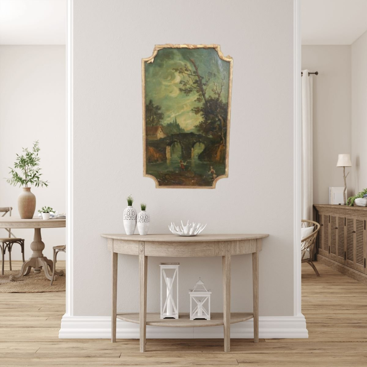 Paesaggio fluviale, dipinto ad olio su tela, Italia, XIX secolo-photo-4