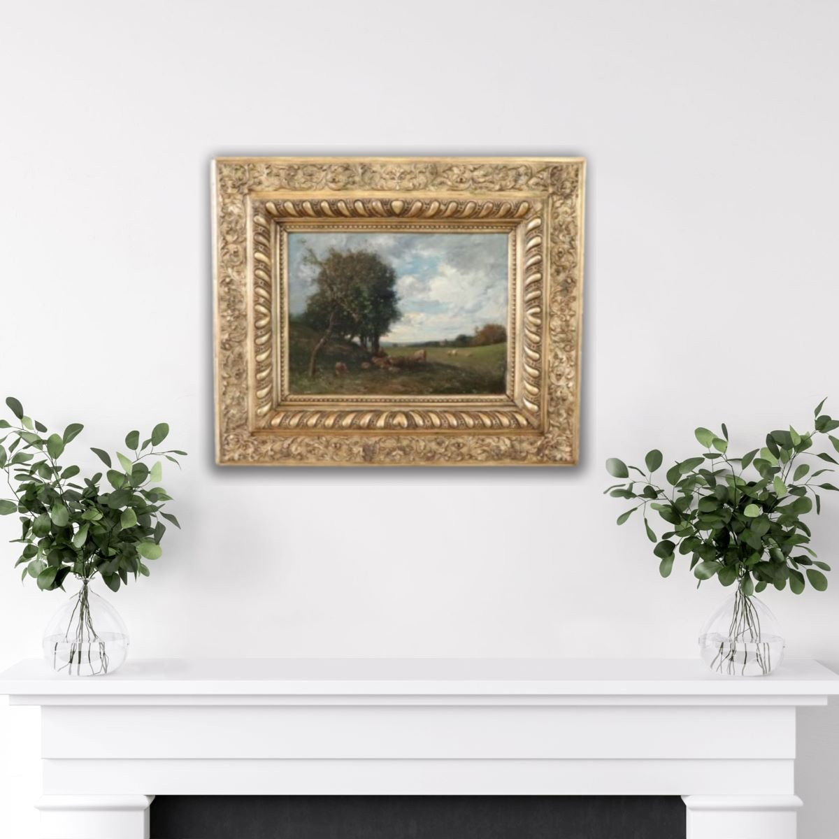 Dipinto ad olio su tavola, paesaggio con gregge, firmato V. Bussolino, Italia, XIX secolo-photo-4