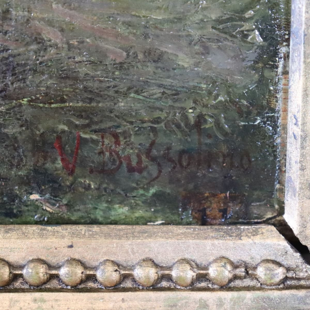 Dipinto ad olio su tavola, paesaggio con gregge, firmato V. Bussolino, Italia, XIX secolo-photo-1