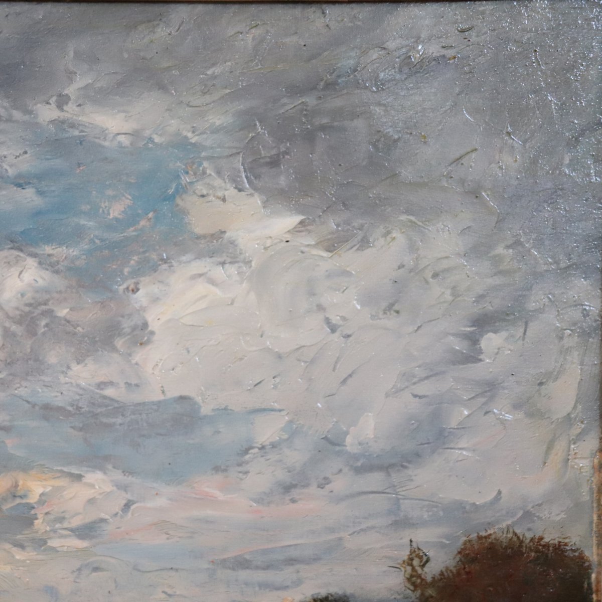 Dipinto ad olio su tavola, paesaggio con gregge, firmato V. Bussolino, Italia, XIX secolo-photo-2