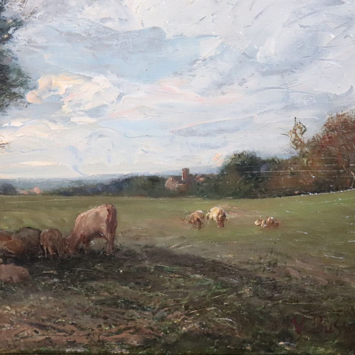 Dipinto ad olio su tavola, paesaggio con gregge, firmato V. Bussolino, Italia, XIX secolo-photo-3