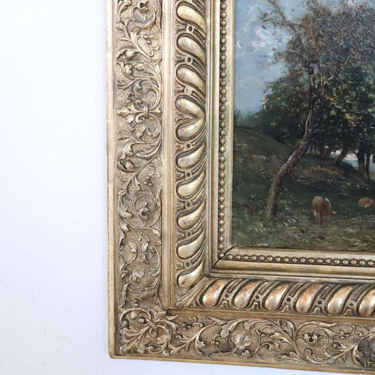 Dipinto ad olio su tavola, paesaggio con gregge, firmato V. Bussolino, Italia, XIX secolo-photo-5