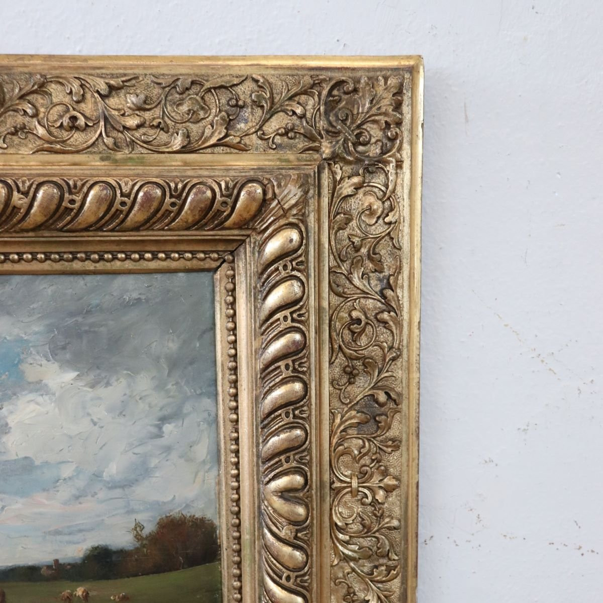 Dipinto ad olio su tavola, paesaggio con gregge, firmato V. Bussolino, Italia, XIX secolo-photo-7