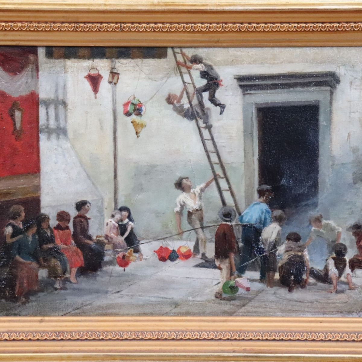 Dipinto ad olio su tela, Bambini che giocano, Italia, XIX secolo-photo-2