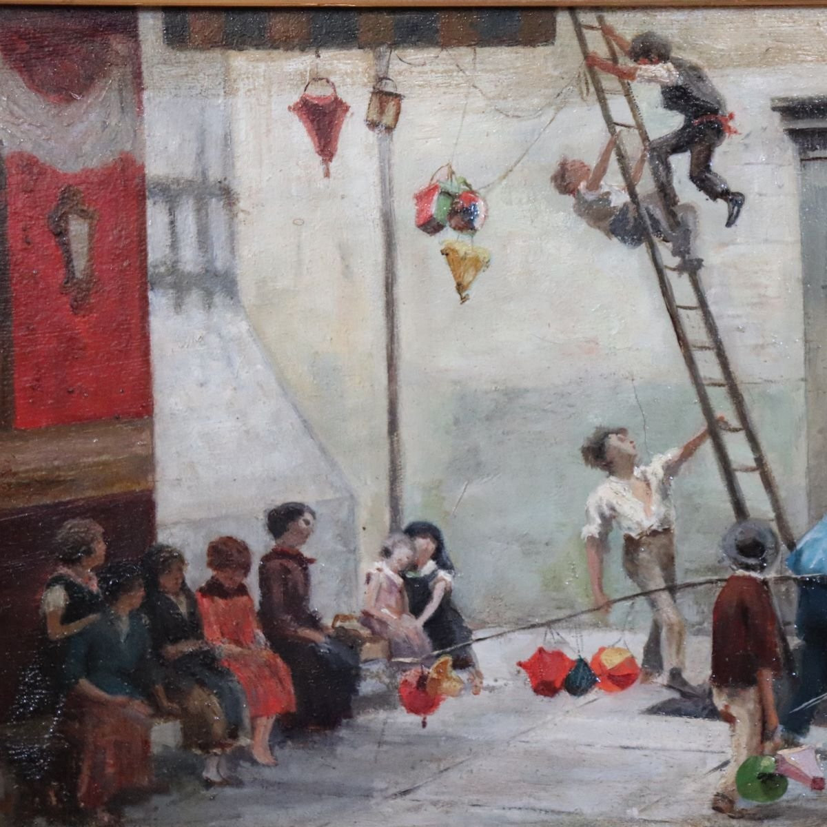 Dipinto ad olio su tela, Bambini che giocano, Italia, XIX secolo-photo-3