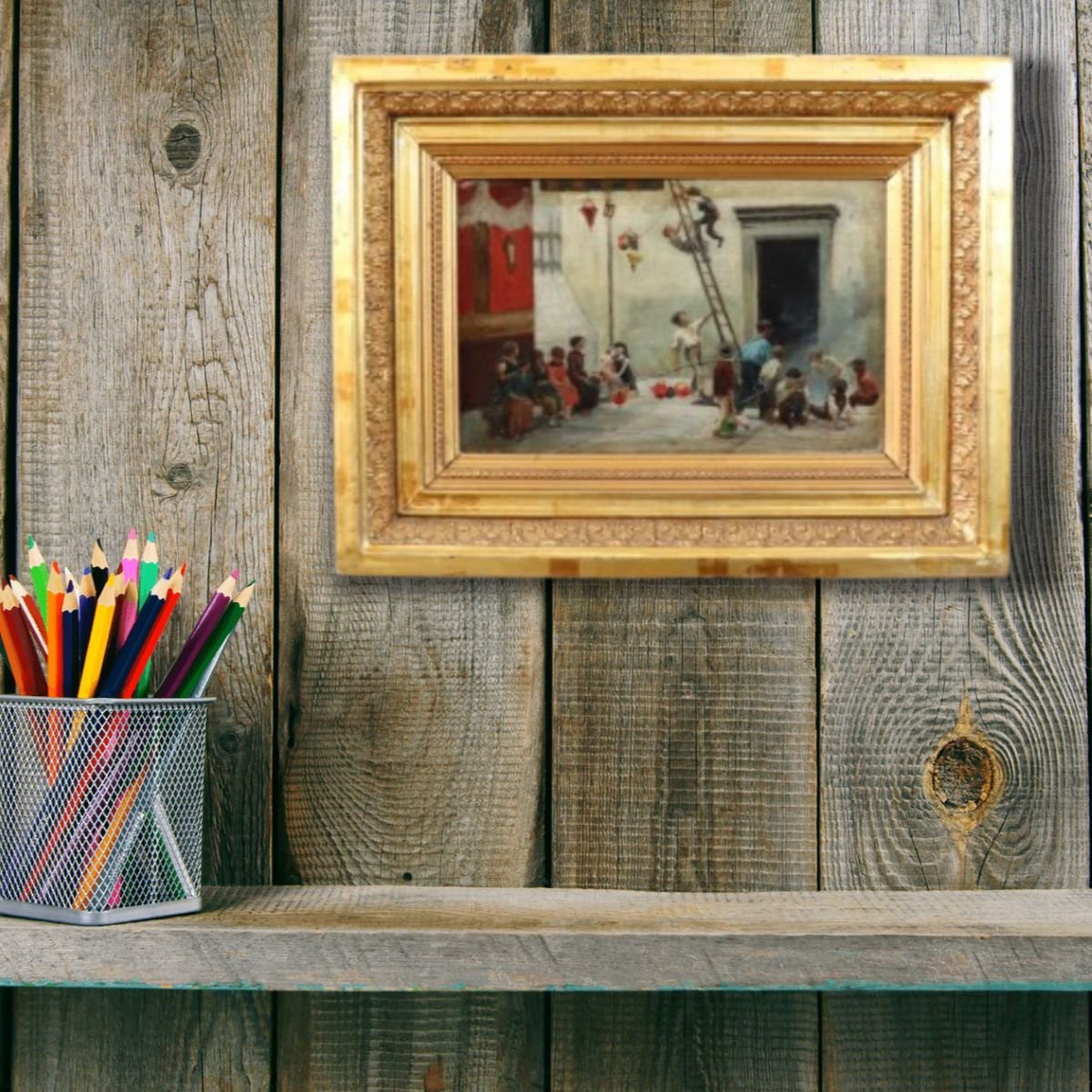 Dipinto ad olio su tela, Bambini che giocano, Italia, XIX secolo-photo-4