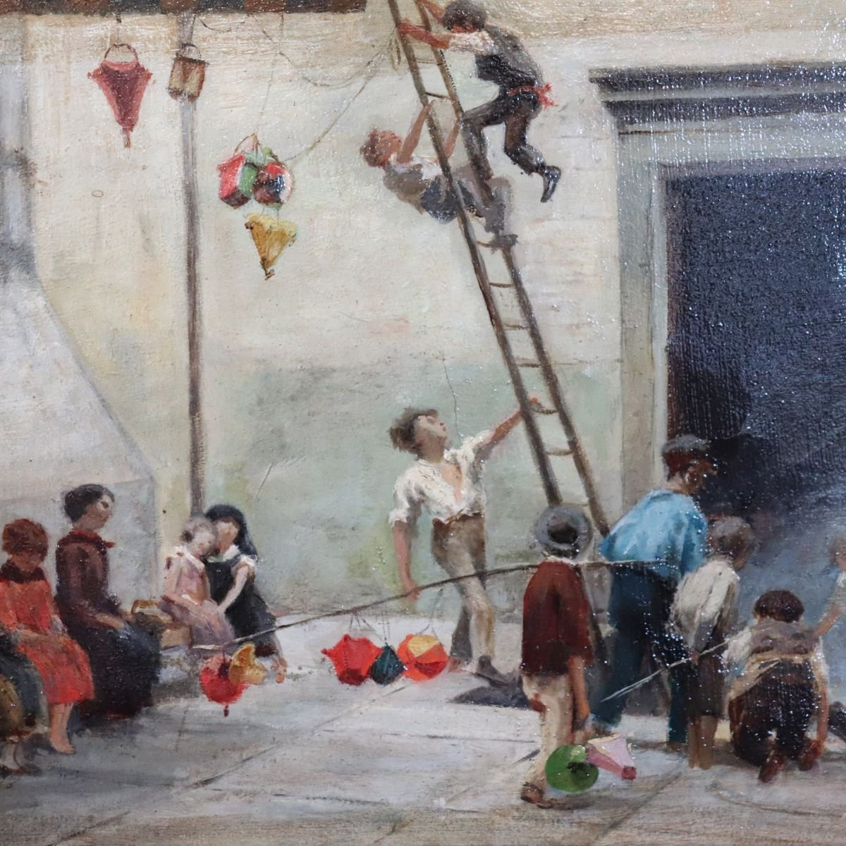 Dipinto ad olio su tela, Bambini che giocano, Italia, XIX secolo-photo-5