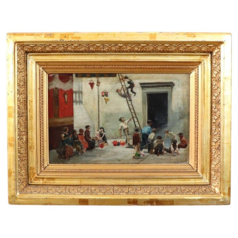 Dipinto ad olio su tela, Bambini che giocano, Italia, XIX secolo