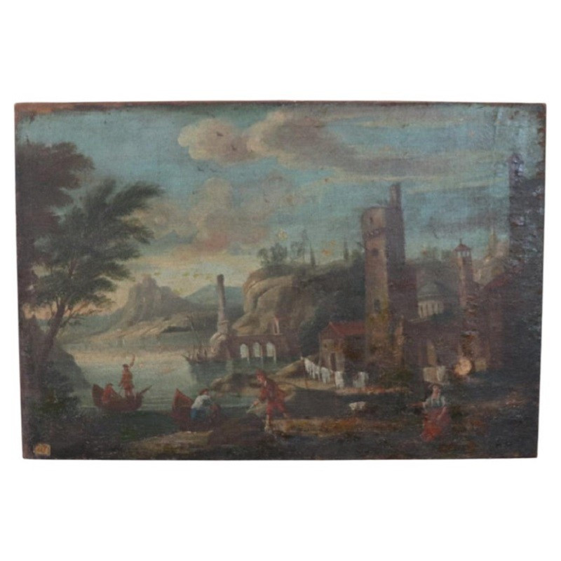 Paesaggio costiero, dipinto ad olio su tela, Italia XVIII secolo