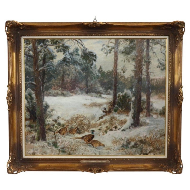 Fagiani nella neve, Olio su tavola, Firmato Wilhelm Buddenberg