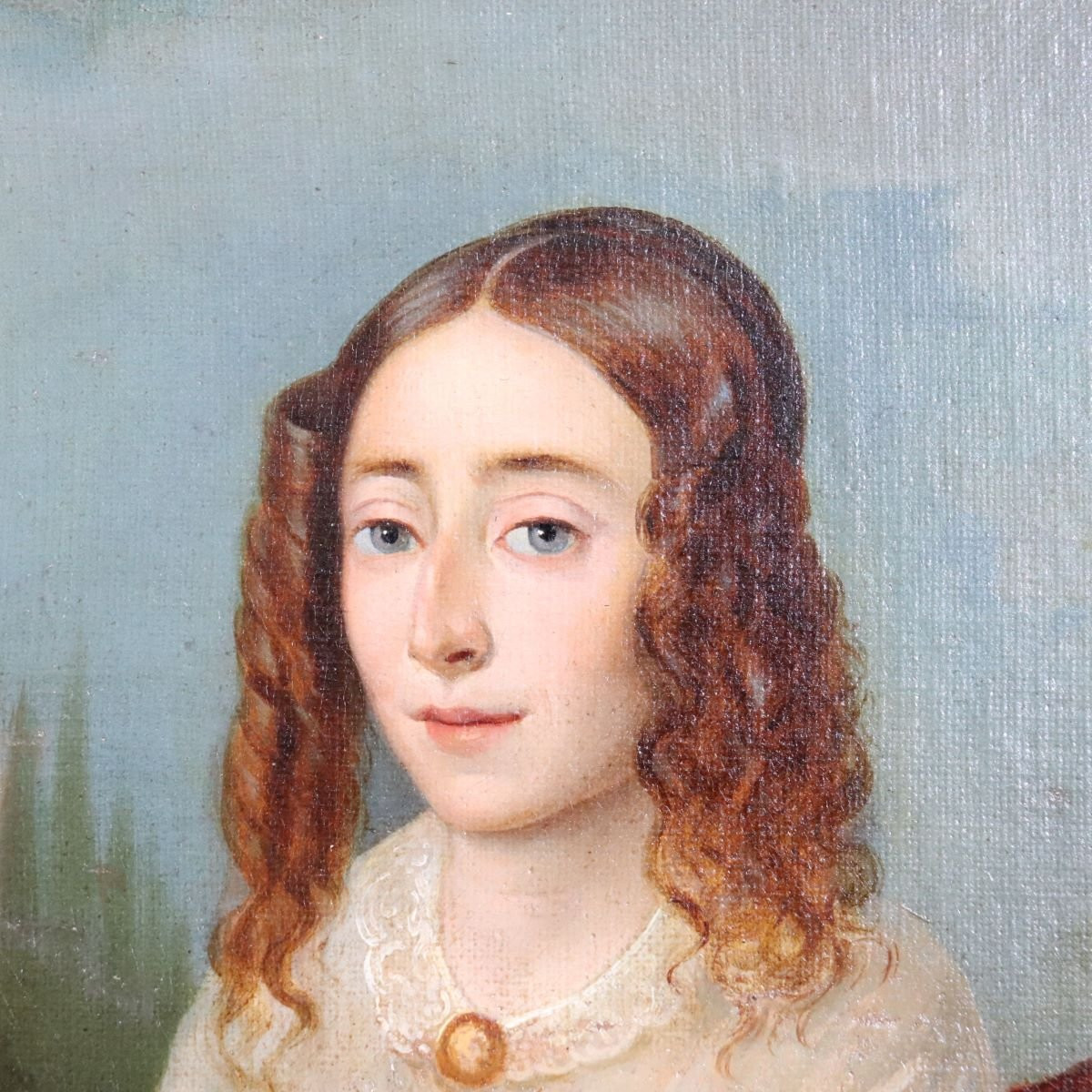 Ritratto di giovane donna con un libro, olio su tela, Italia, XIX secolo-photo-1
