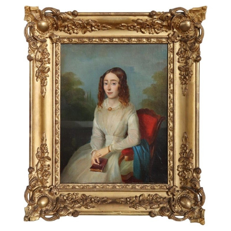 Ritratto di giovane donna con un libro, olio su tela, Italia, XIX secolo