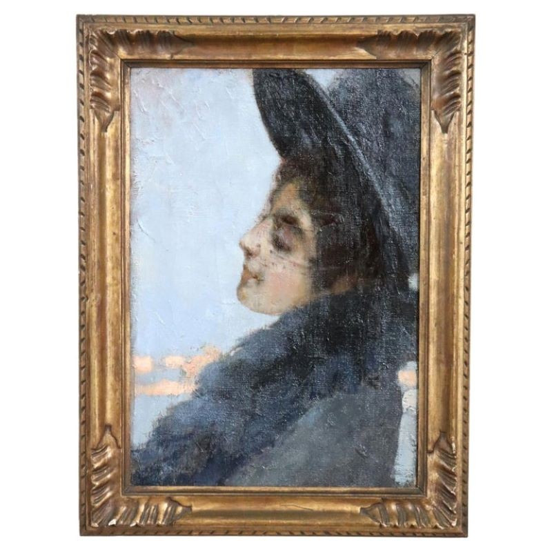 Giovane donna con cappello, olio su tela, Giovanni Beltrami fine XIX secolo