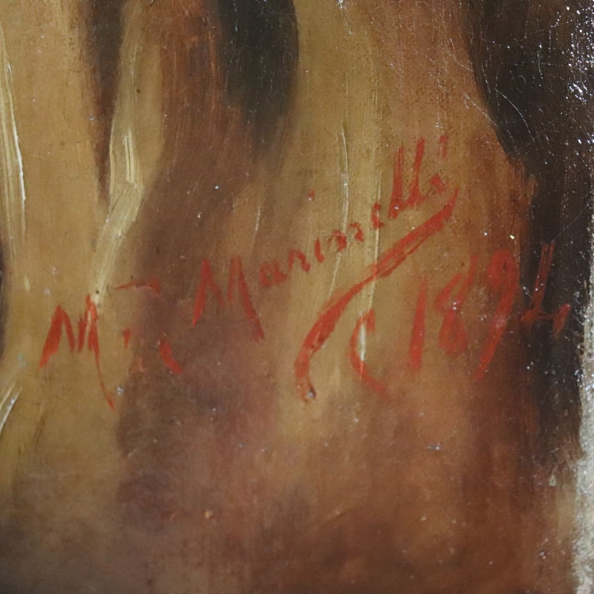 Dipinto ad olio su tela, ritratto maschile, firmato M. Marinelli e datato 1894-photo-3