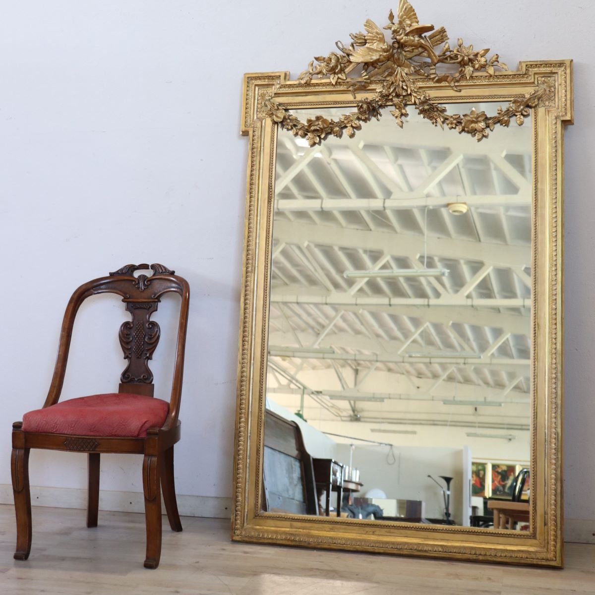 Grande specchio antico da parete in legno dorato, Italia, XIX secolo-photo-6