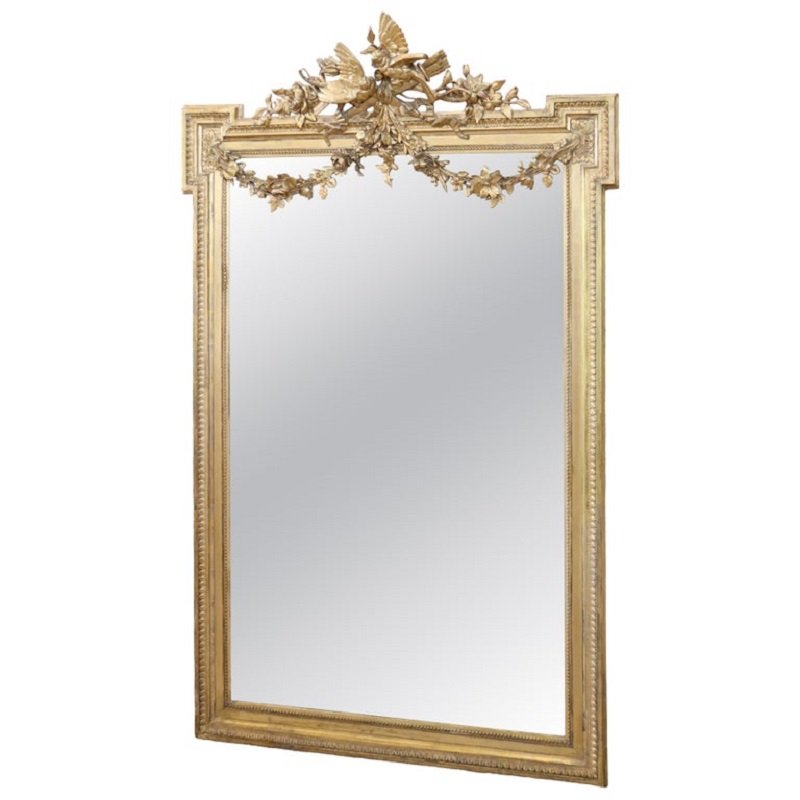Grande specchio antico da parete in legno dorato, Italia, XIX secolo