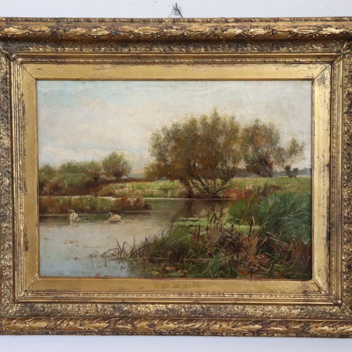 Paesaggio con cigni, dipinto ad olio su tela, scuola inglese, XIX secolo-photo-3
