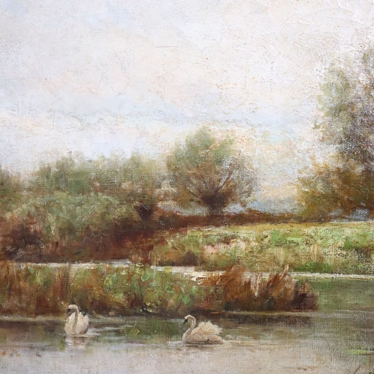 Paesaggio con cigni, dipinto ad olio su tela, scuola inglese, XIX secolo-photo-4