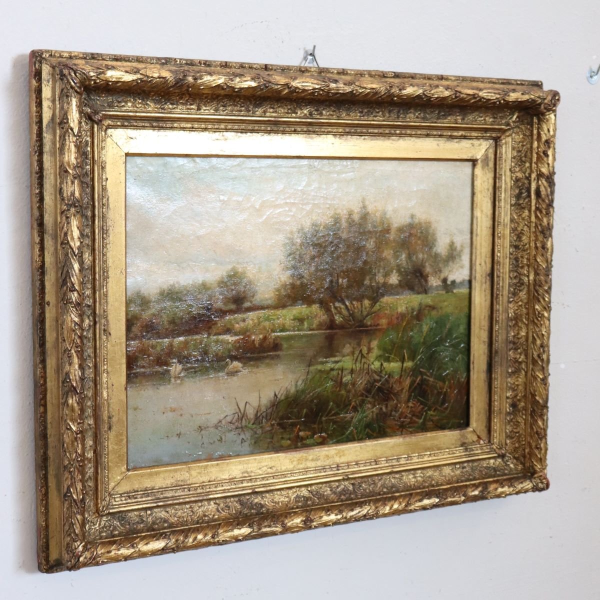 Paesaggio con cigni, dipinto ad olio su tela, scuola inglese, XIX secolo-photo-7
