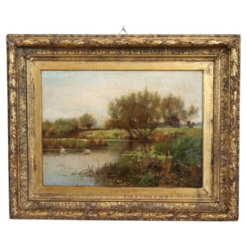 Paesaggio con cigni, dipinto ad olio su tela, scuola inglese, XIX secolo