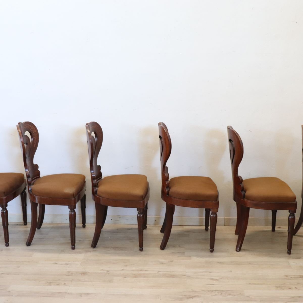 Set di 6 sedie antiche intarsiate in noce, Italia, XIX secolo-photo-5