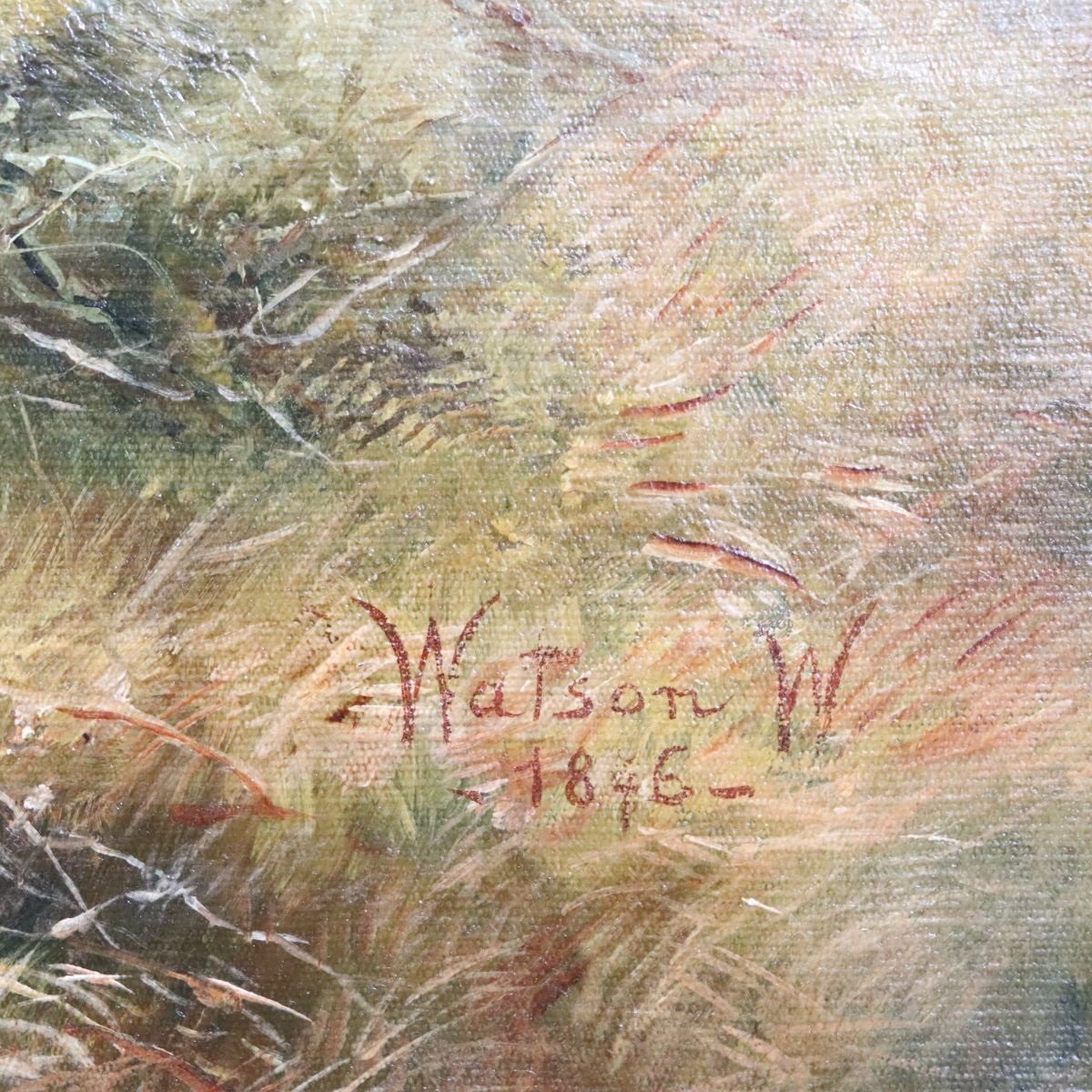 Grande dipinto a olio su tela, Mandria di bovini, firmato Watson W., XIX secolo-photo-2