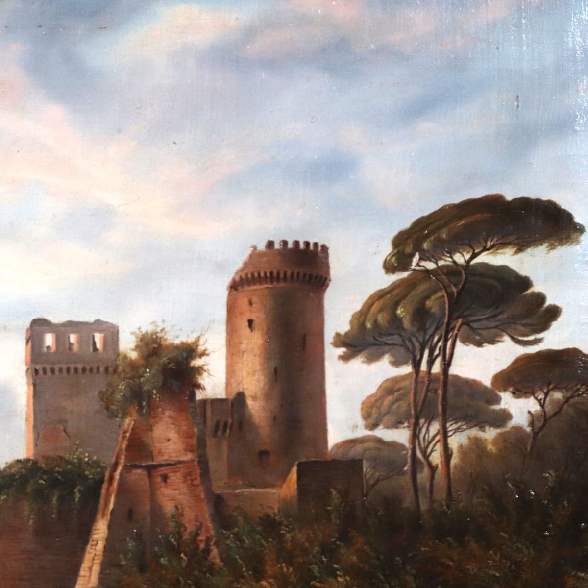 Paesaggio con castello, olio su tela firmato M.G., Italia, XVIII secolo-photo-1
