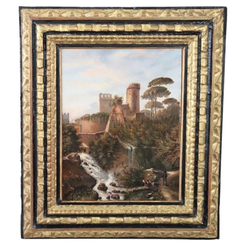 Paesaggio con castello, olio su tela firmato M.G., Italia, XVIII secolo