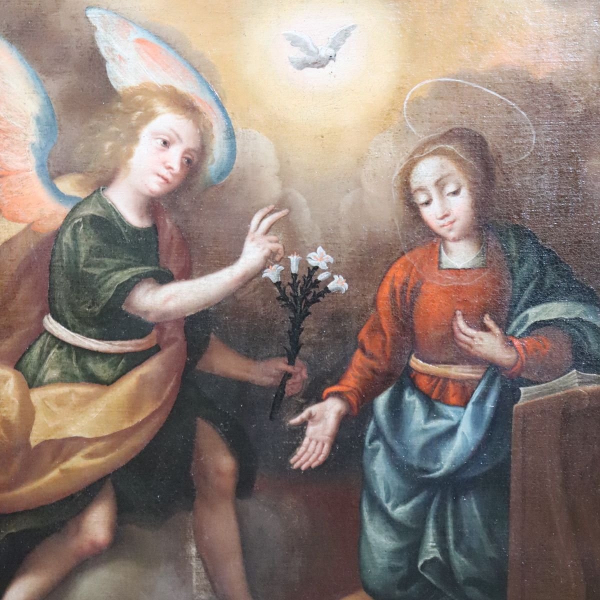L'Annunciazione, Italia, XVII secolo, dipinto antico ad olio su tela-photo-4
