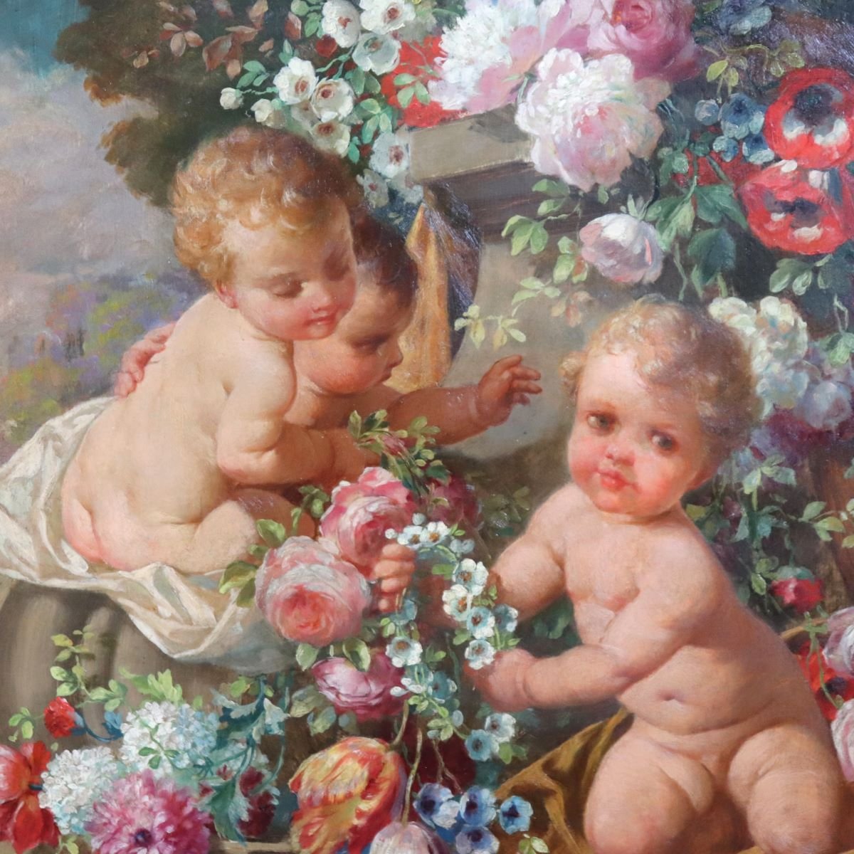 Cherubini con fiori, dipinto ad olio su tavola firmato, Italia, inizio XX secolo-photo-3