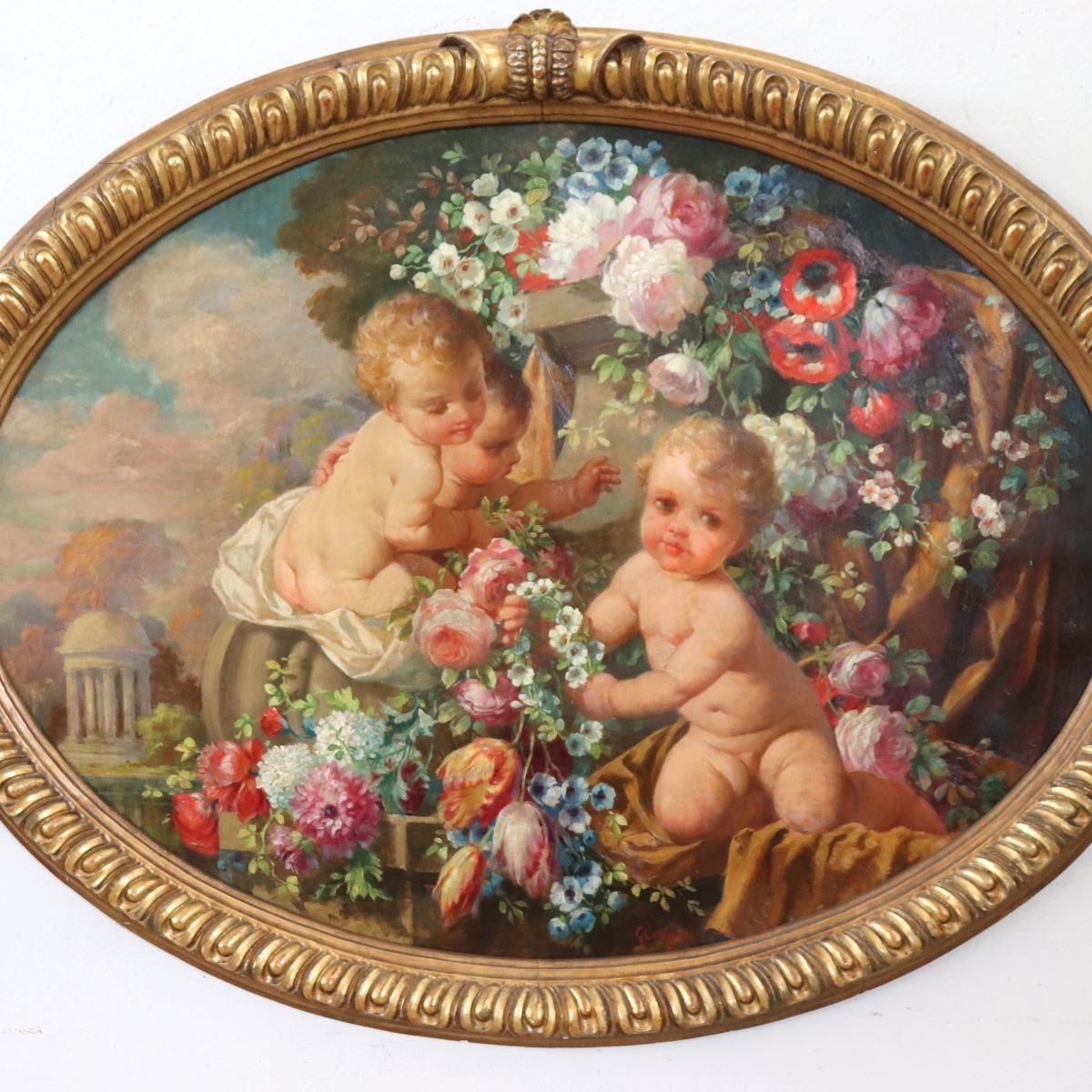Cherubini con fiori, dipinto ad olio su tavola firmato, Italia, inizio XX secolo-photo-1