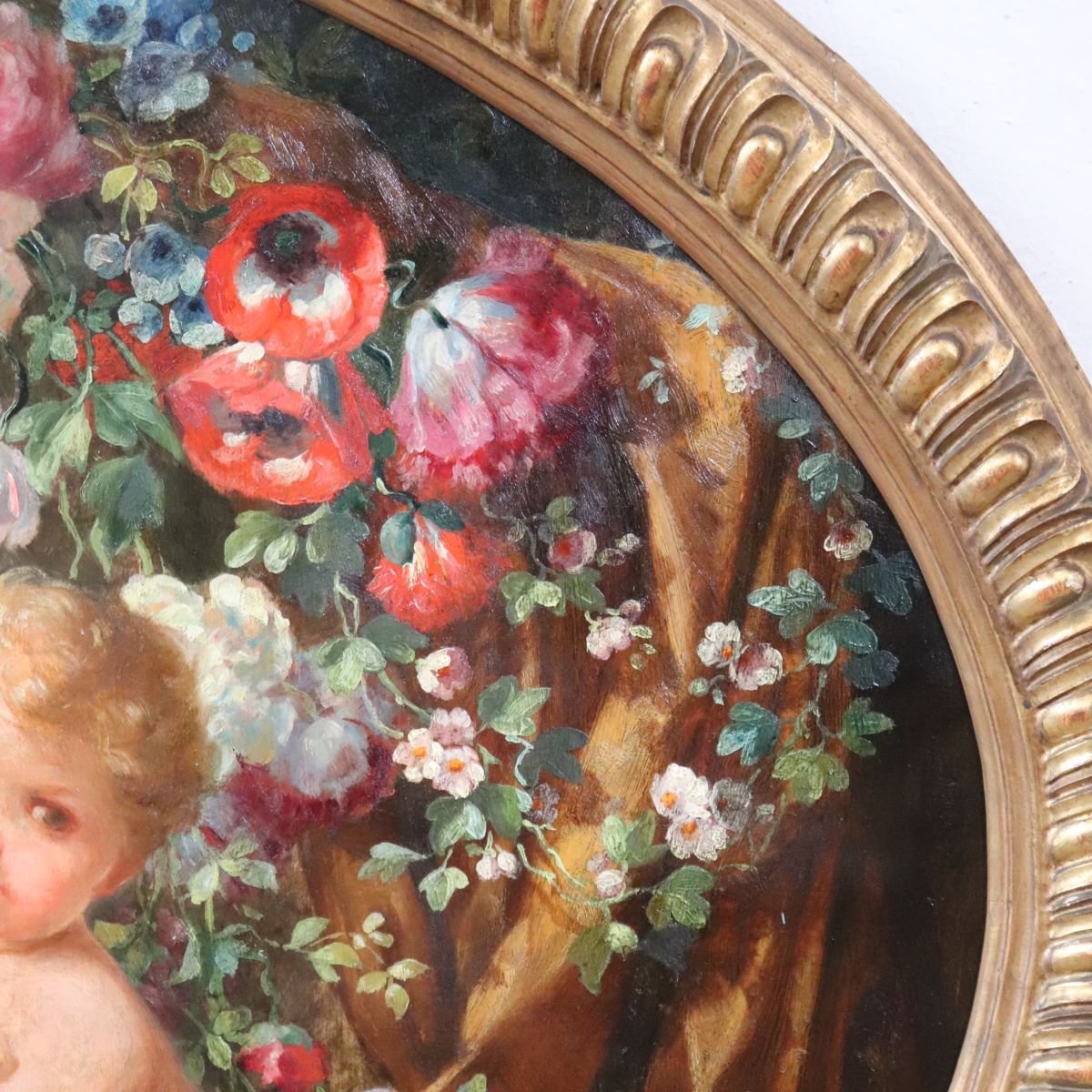 Cherubini con fiori, dipinto ad olio su tavola firmato, Italia, inizio XX secolo-photo-2