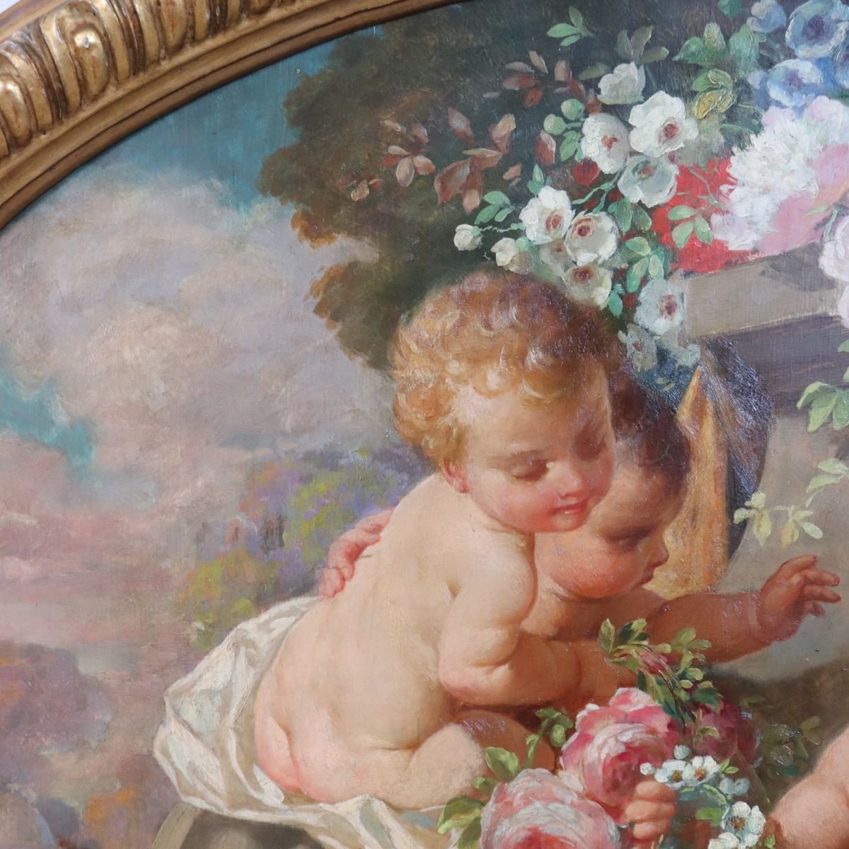 Cherubini con fiori, dipinto ad olio su tavola firmato, Italia, inizio XX secolo-photo-7
