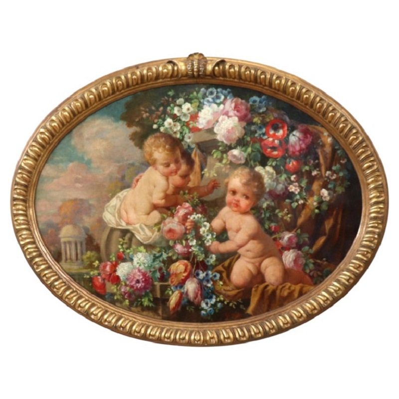 Cherubini con fiori, dipinto ad olio su tavola firmato, Italia, inizio XX secolo
