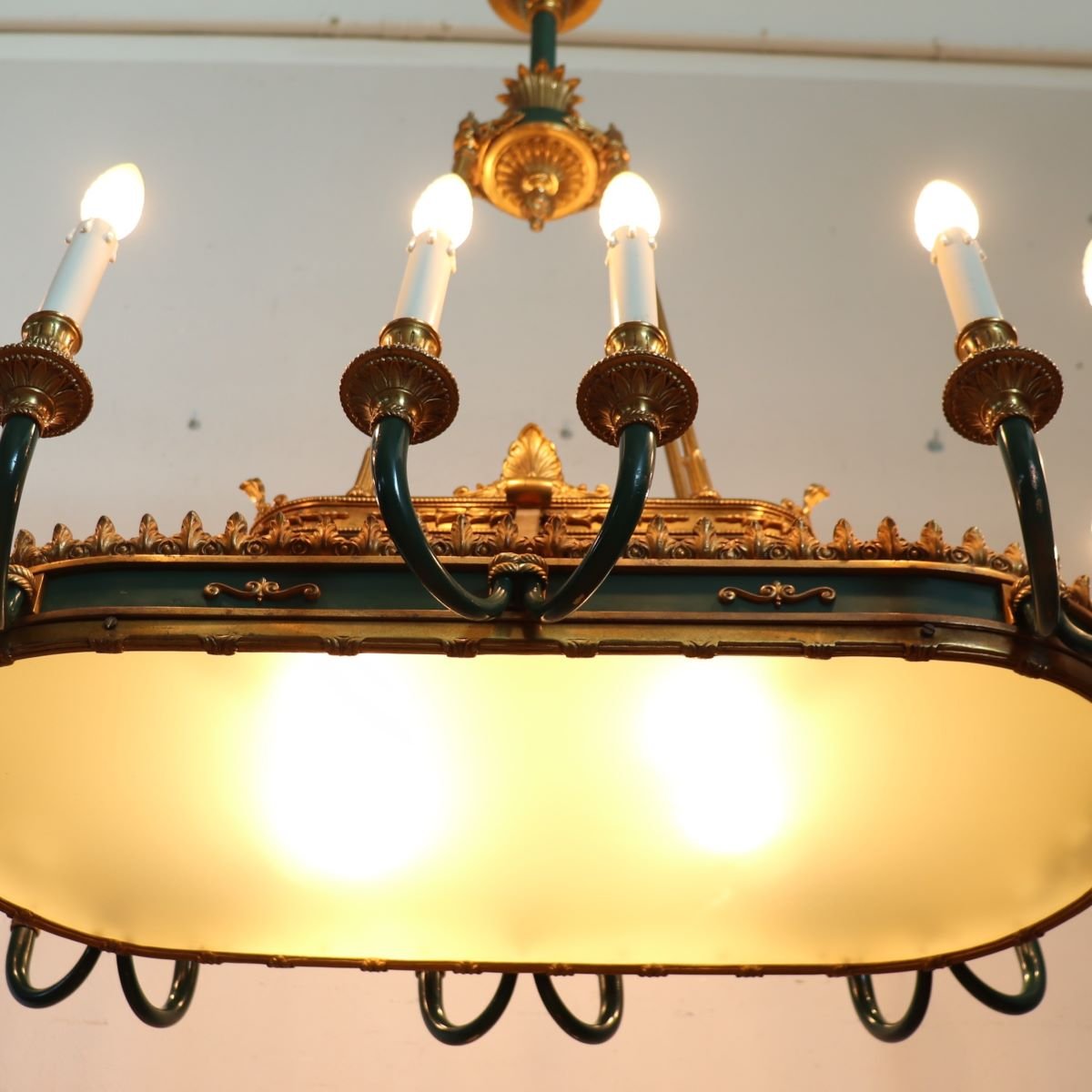 Lampadario in bronzo dorato e metallo laccato verde, 20 lampadine, inizio XX secolo-photo-1